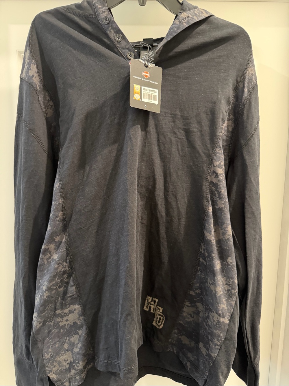 Harley-Davidson NWT Men’s Large Black Camo Hooded Henley Shirt Hoodie